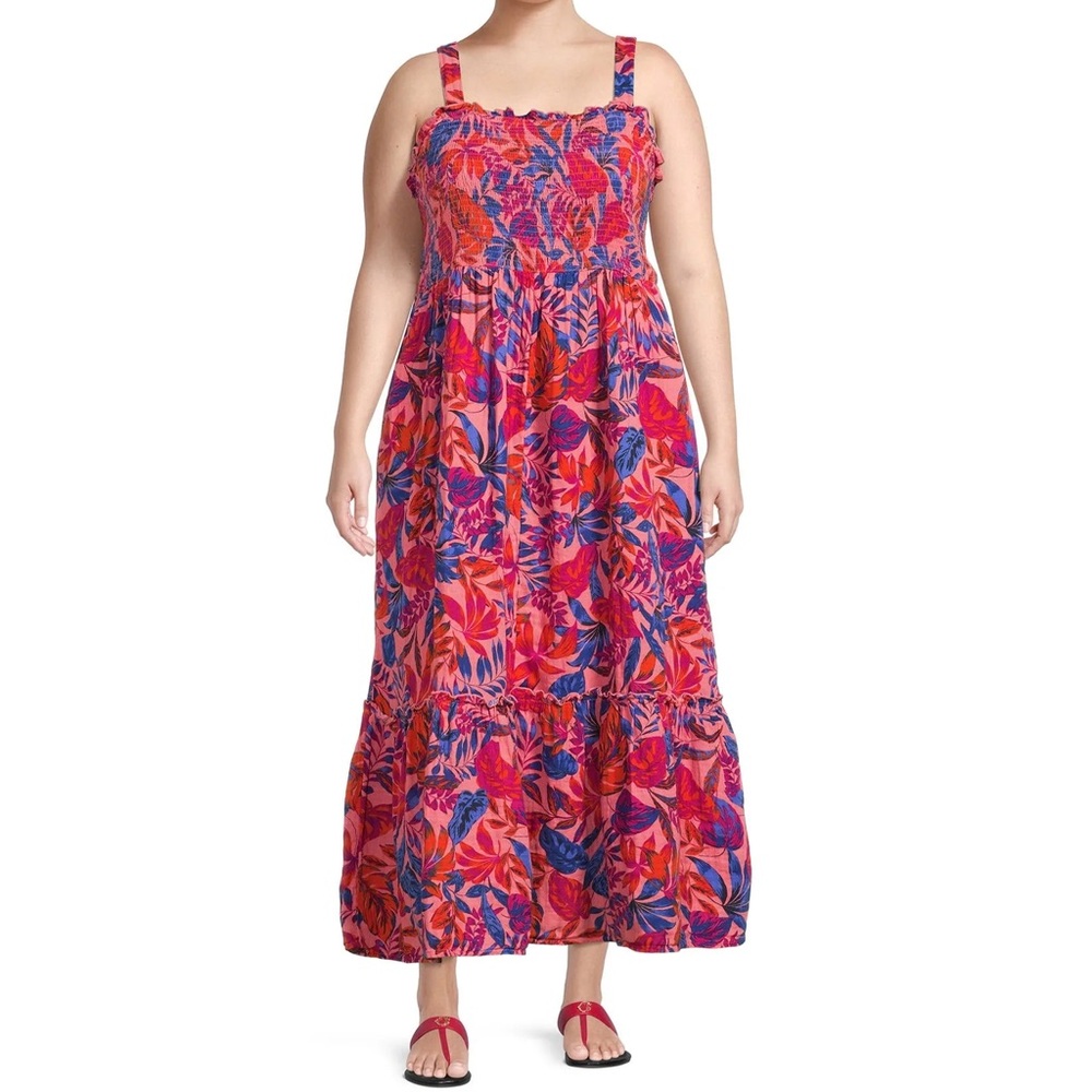 NWT Terra‎ & Sky Tropical Floral Tiered Sleeveless Maxi Dress Pink Plus Size 14W